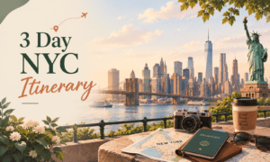 3 Day NYC Itinerary featuring the New York City skyline, Brooklyn Bridge, Statue of Liberty, and travel essentials in a warm illustrated style.