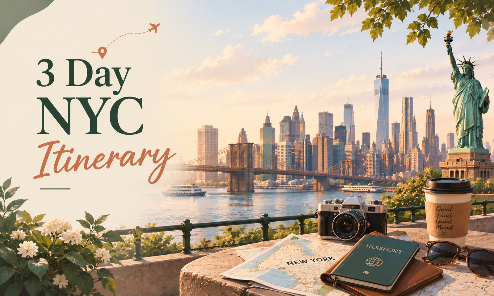 3 Day NYC Itinerary featuring the New York City skyline, Brooklyn Bridge, Statue of Liberty, and travel essentials in a warm illustrated style.