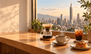 Best cafes in Taipei: pour-over, hot and iced coffee on a wooden counter overlooking the Taipei 101 skyline
