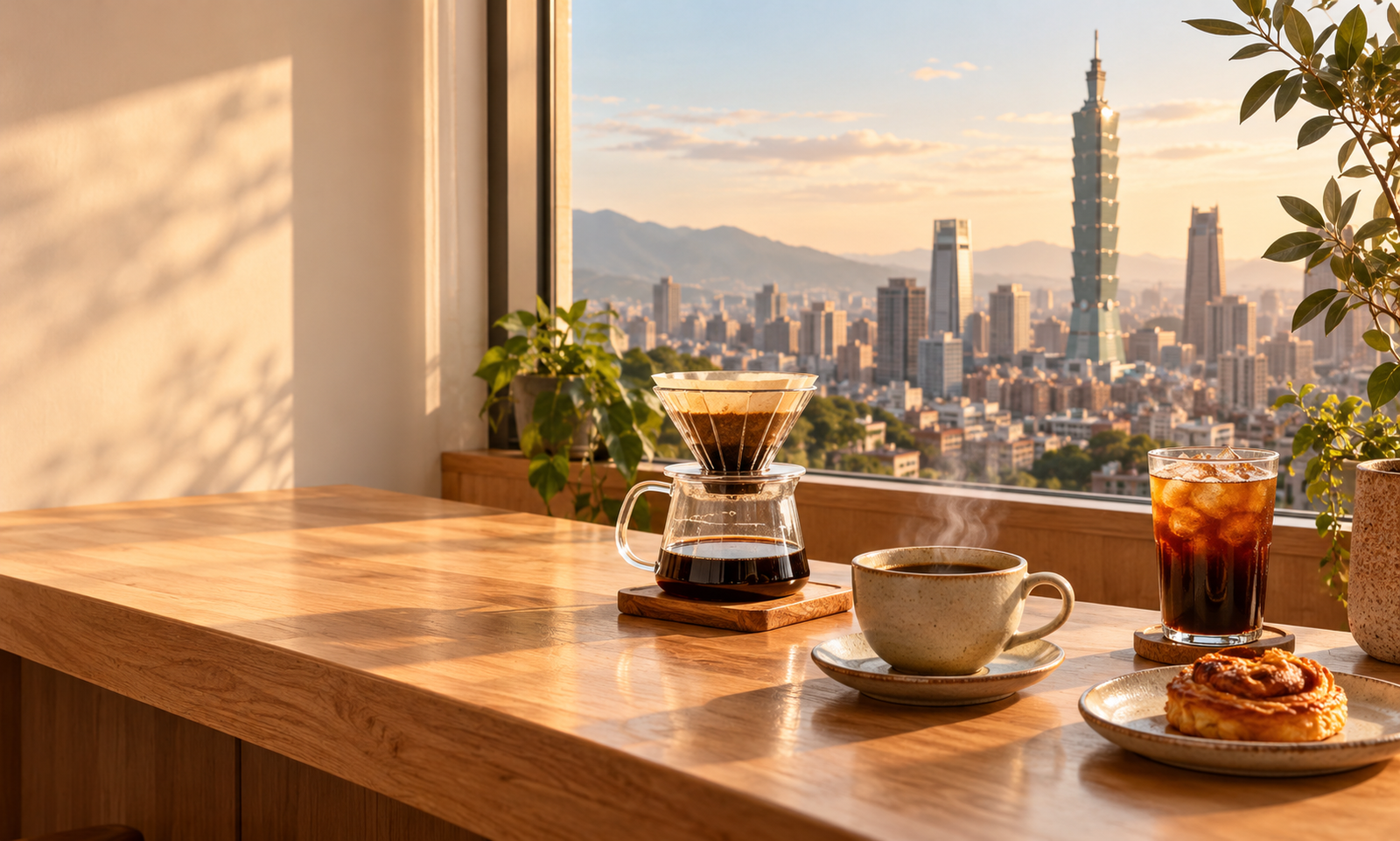 Best cafes in Taipei: pour-over, hot and iced coffee on a wooden counter overlooking the Taipei 101 skyline