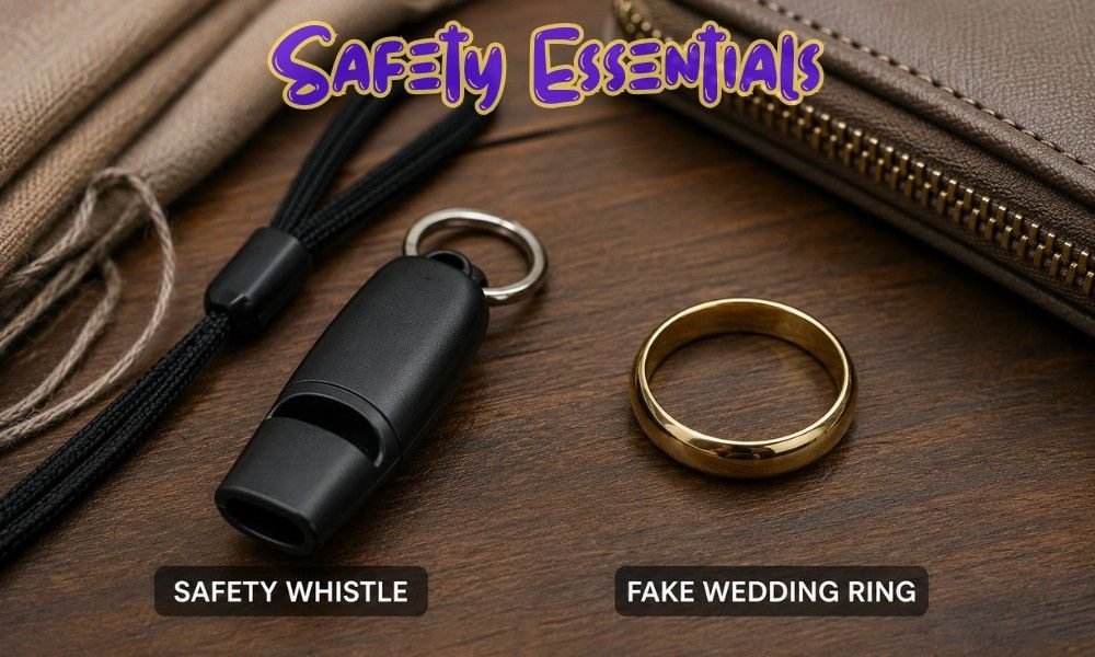 A gold wedding band and black safety whistle on a wooden table, and essential Solo Female Travel Safety Tips for your next trip.