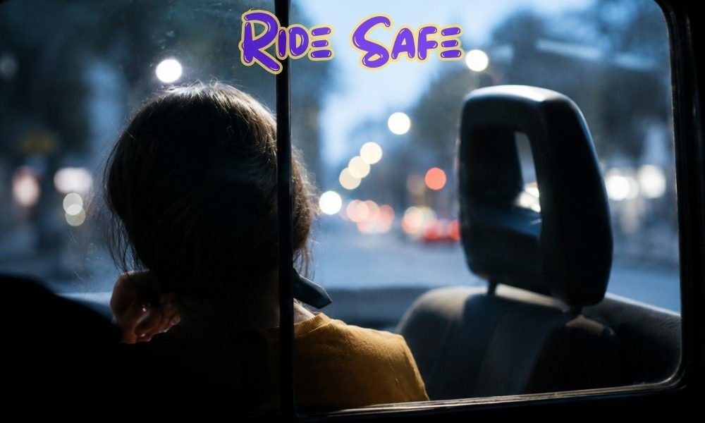 A solo woman looking out a taxi window at night,  essential for Solo Female Travel Safety Tips on keeping your plans private.