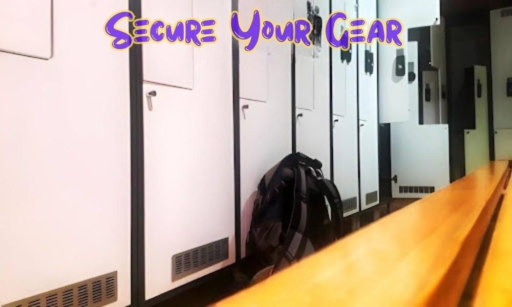 A backpack sits in front of white hostel lockers with the text Secure Your Gear, part of essential Solo Female Travel Safety Tips.