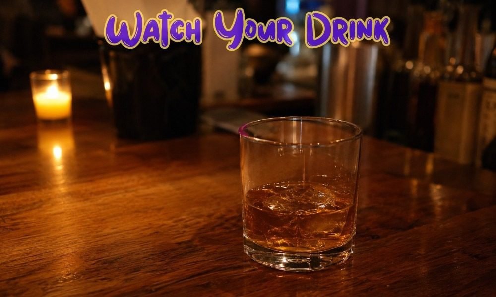 A glass of whiskey on a dimly lit wooden bar, serving as a reminder of essential Solo Female Travel Safety Tips for nightlife.