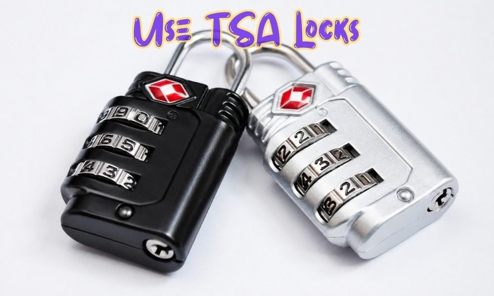Black and silver TSA-approved combination padlocks for luggage, essential Solo Female Travel Safety Tips for secure adventures.