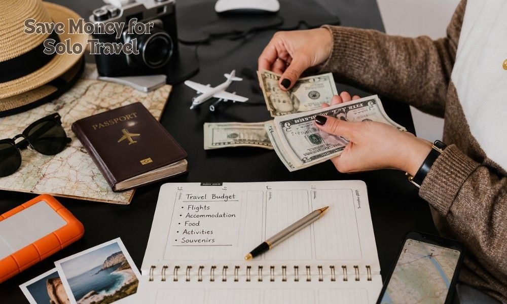 Flat-lay of passport, camera, cash, and a travel budget notebook for planning solo travel savings