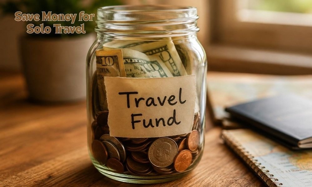 A glass jar labeled "Travel Fund" filled with coins and cash for solo travel savings