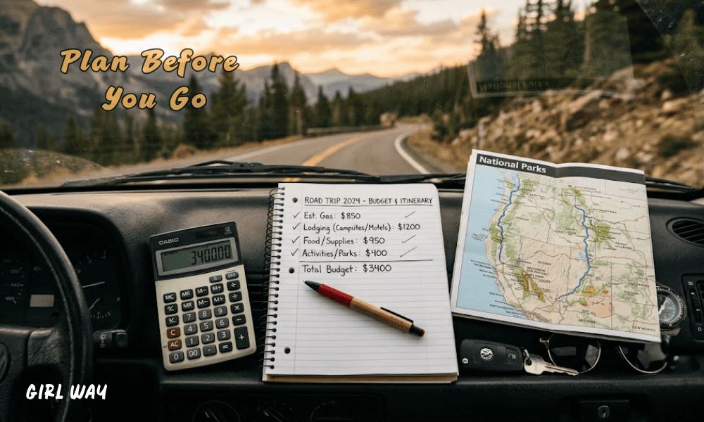 A car dashboard with a notepad, calculator, and map overlooking a highway, showing How to Road Trip on a Budget with confidence.
