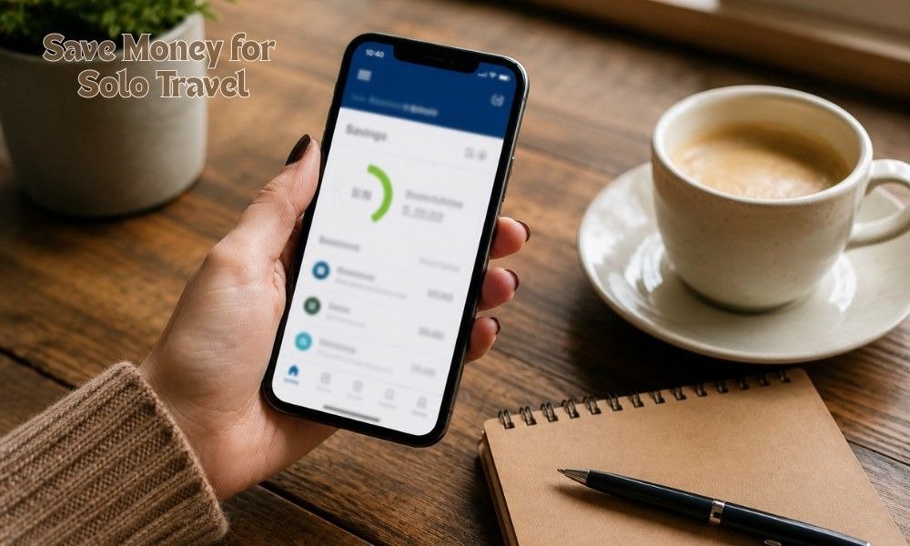 Woman checking her mobile banking app savings balance for her solo travel fund