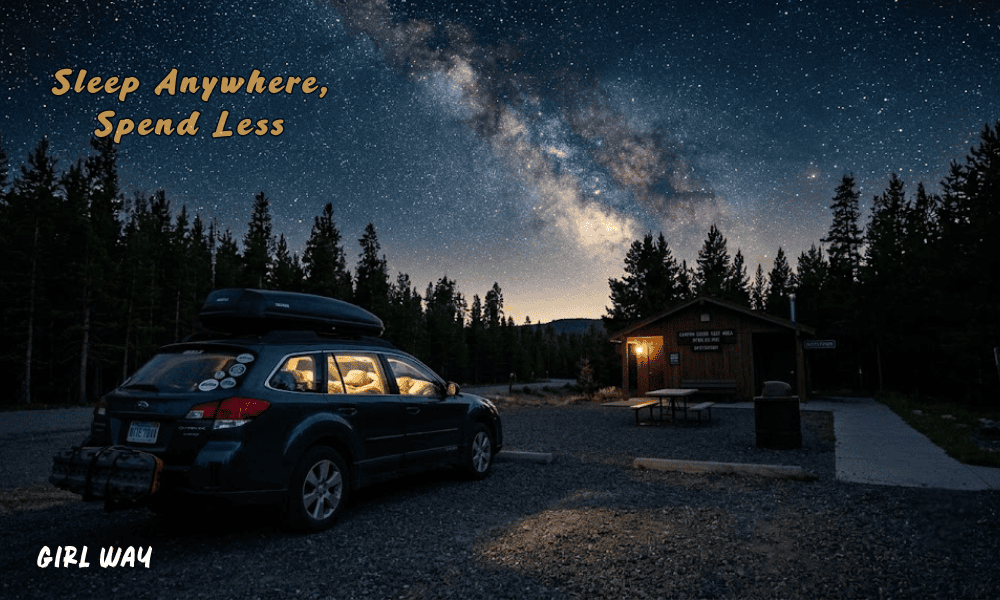 A parked car beneath a bright starry night sky with the Milky Way visible, perfectly illustrating How to Road Trip on a Budget.
