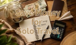 Save Money for Solo Travel featured blog image with travel and savings flat-lay