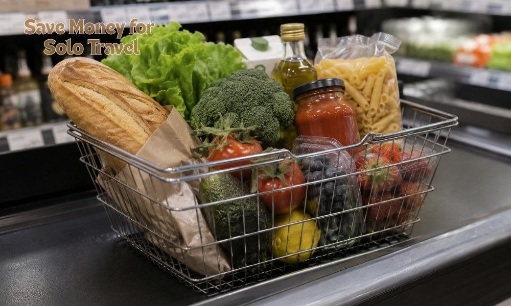 Basket of fresh groceries for budget-friendly meal planning to save for solo travel