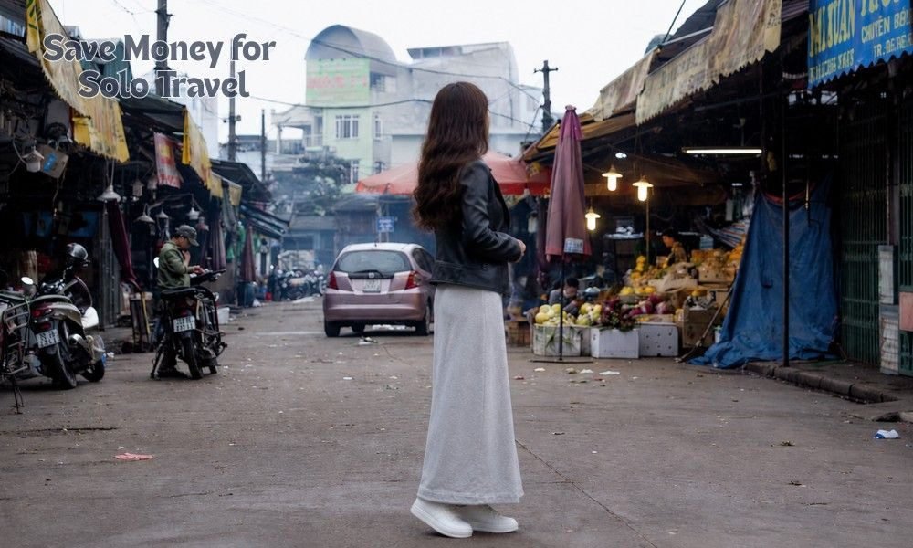 Solo female traveler exploring a local street market while saving money abroad