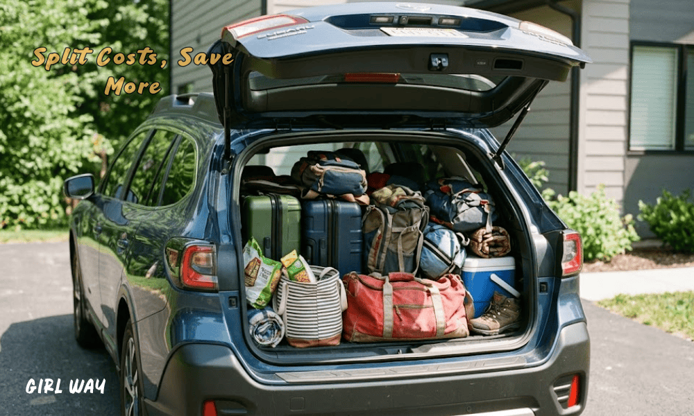 Blue car trunk packed with luggage and gear for a trip, demonstrating How to Road Trip on Budoet with clever packing habits. 