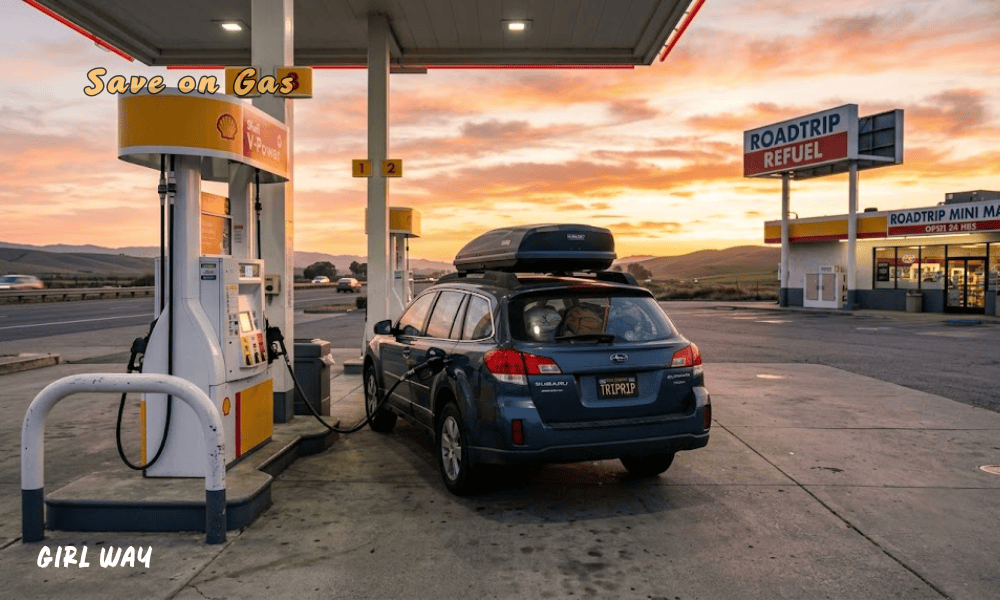 A car parked at a gas station during a colorful sunset, illustrating How to Road Trip on a Budget for solo female travelers. 