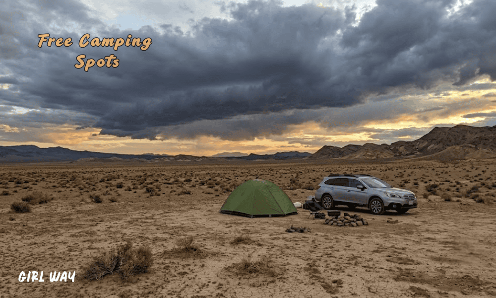 Discover How to Road Trip on a Budget with my green tent and silver car parked at a free desert campsite under cloudy skies. 
