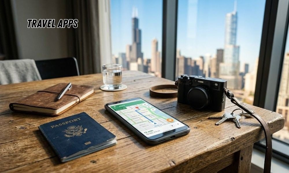 A wooden table with a passport, smartphone mapping apps, camera, and notebook against a sunny city skyline view backdrop.    