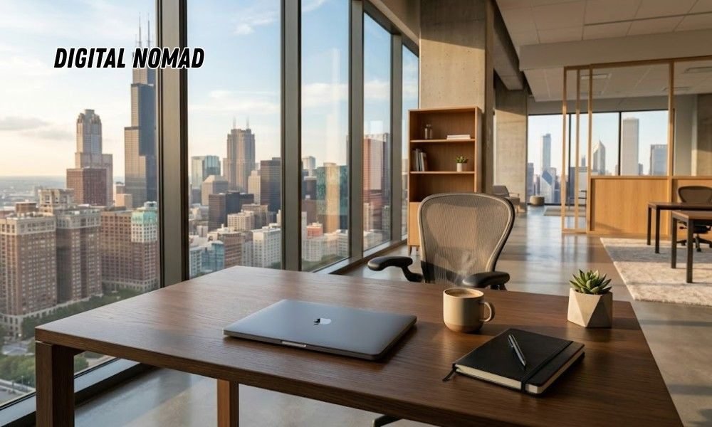A sleek modern office overlooking a big city skyline, perfect for learning Budget Travel Tips for Expensive USA Cities alone.