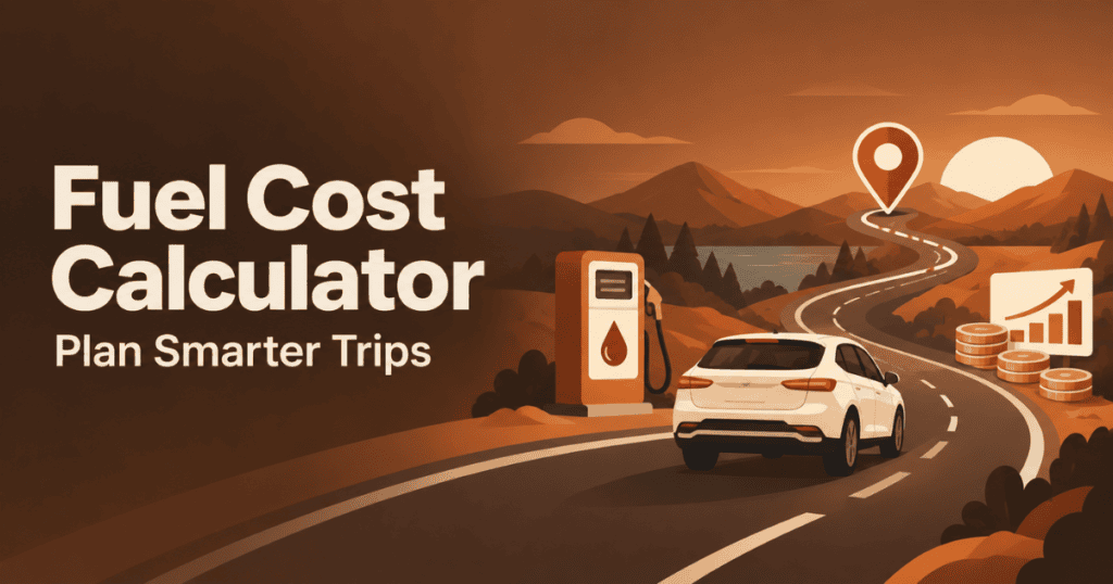 Fuel Cost Calculator banner with a car on a road trip, fuel pump and cost graph