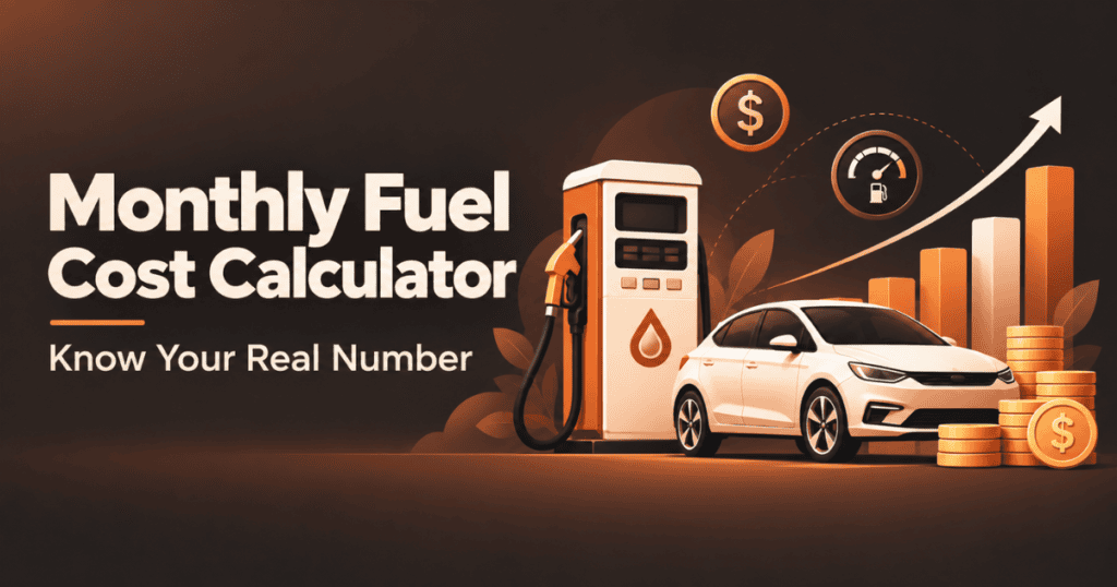 Monthly Fuel Cost Calculator — illustration of a fuel pump, white car, cost graph, coins and MPG gauge