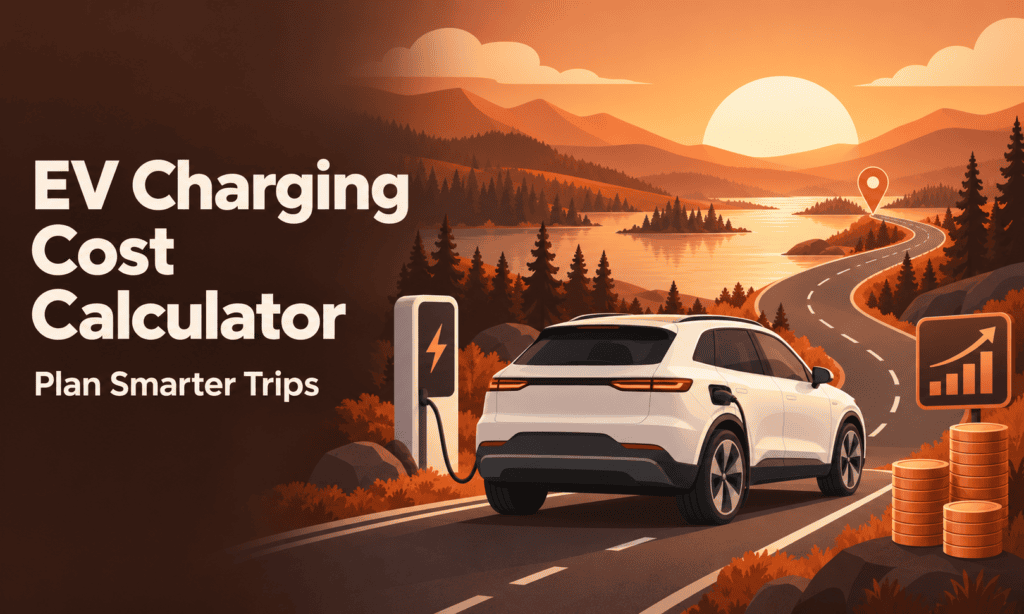 Alt text: EV Charging Cost Calculator banner with a white electric SUV, charging station, winding lakeside road, and copper coins at sunset.