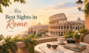 Best sights in Rome featured illustration with the Colosseum, historic city skyline, cappuccino, camera, and Rome travel guide at golden hour.