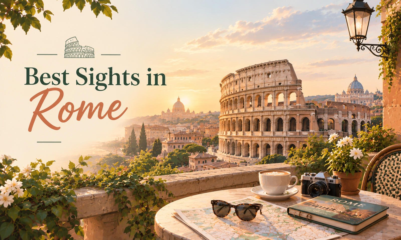 Best sights in Rome featured illustration with the Colosseum, historic city skyline, cappuccino, camera, and Rome travel guide at golden hour.