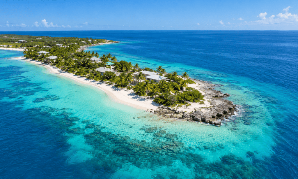 Aerial view of Isla Mujeres beaches, the closest base for whale shark tours in Mexico