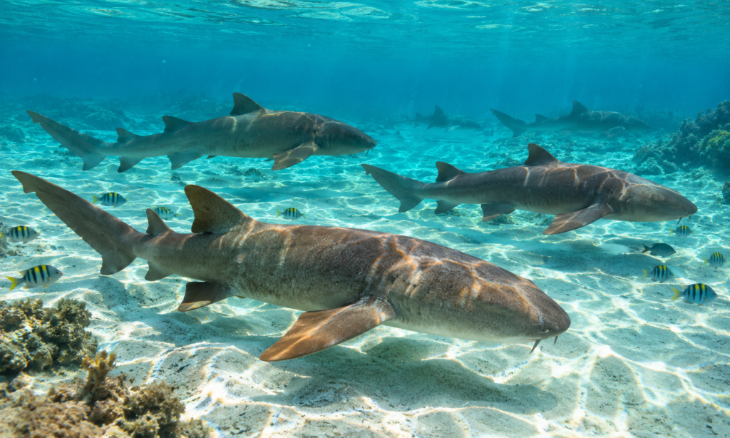 A group of nurse sharks gliding over a sandy seabed in clear turquoise water with small reef fish.