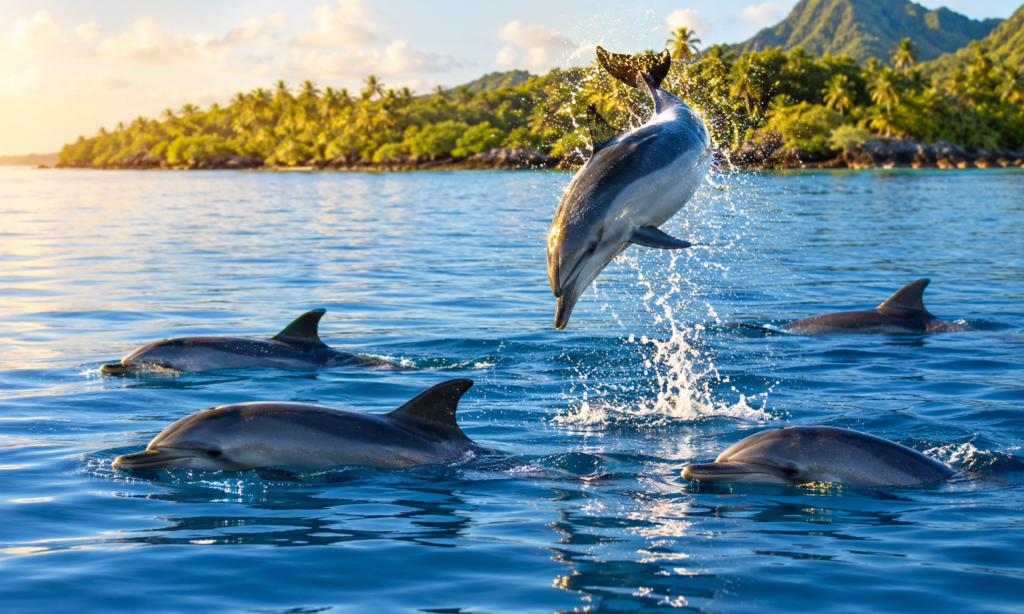 A pod of wild spinner dolphins swimming in a tropical lagoon as one dolphin leaps above the water.