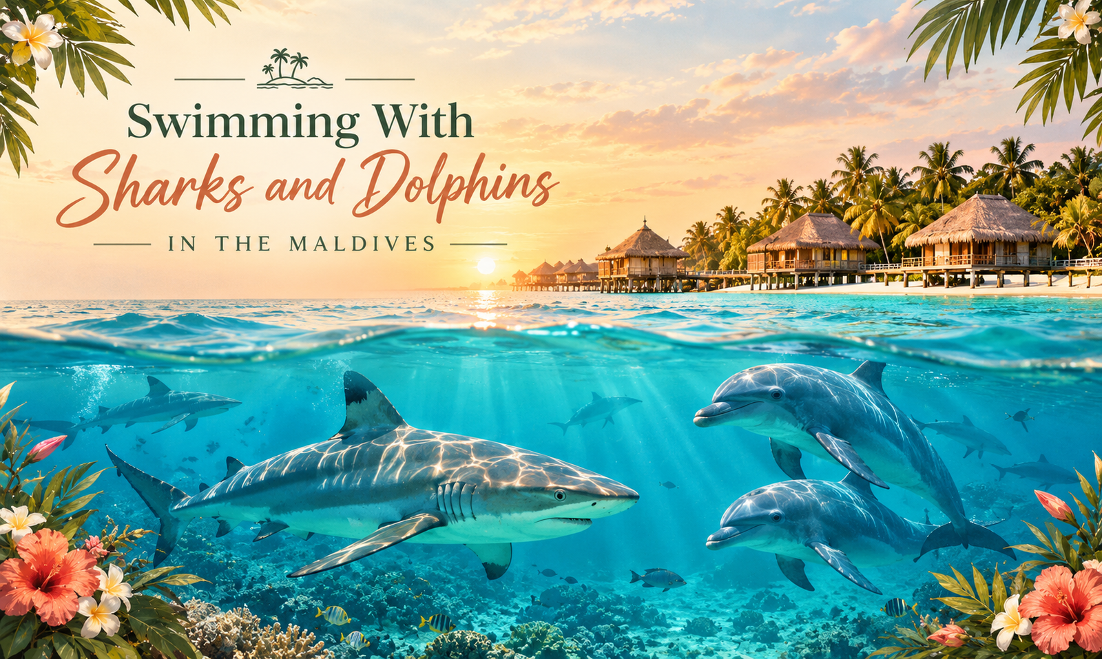 Swimming with sharks and dolphins in the Maldives, featuring turquoise waters, tropical overwater villas, a reef shark, and dolphins at sunset.