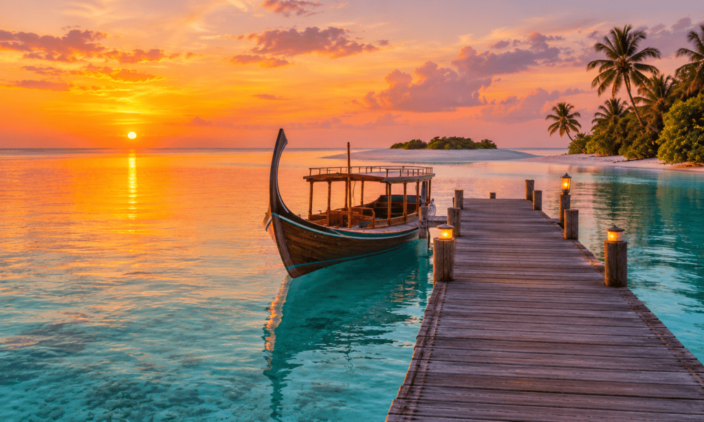 A wooden jetty and traditional Maldivian dhoni boat beside a turquoise lagoon at sunset with palm trees in the background.