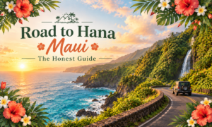 Road to Hana Maui travel illustration featuring a winding coastal highway, lush tropical mountains, a scenic waterfall, turquoise ocean, and a vehicle driving along the road at sunset.