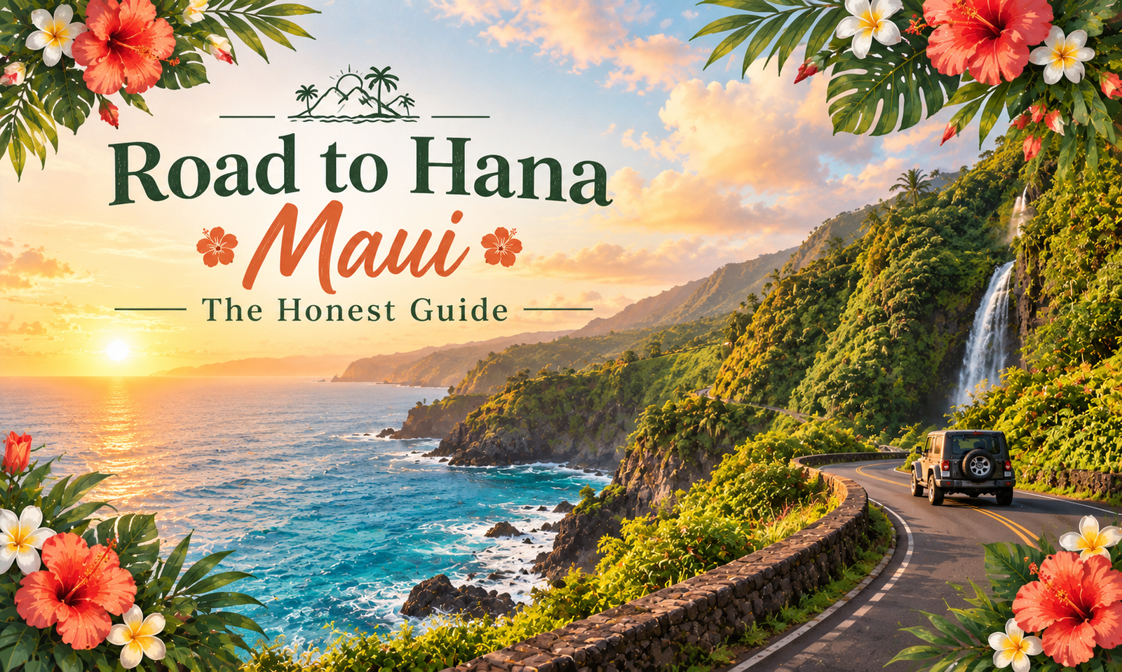 Road to Hana Maui travel illustration featuring a winding coastal highway, lush tropical mountains, a scenic waterfall, turquoise ocean, and a vehicle driving along the road at sunset.