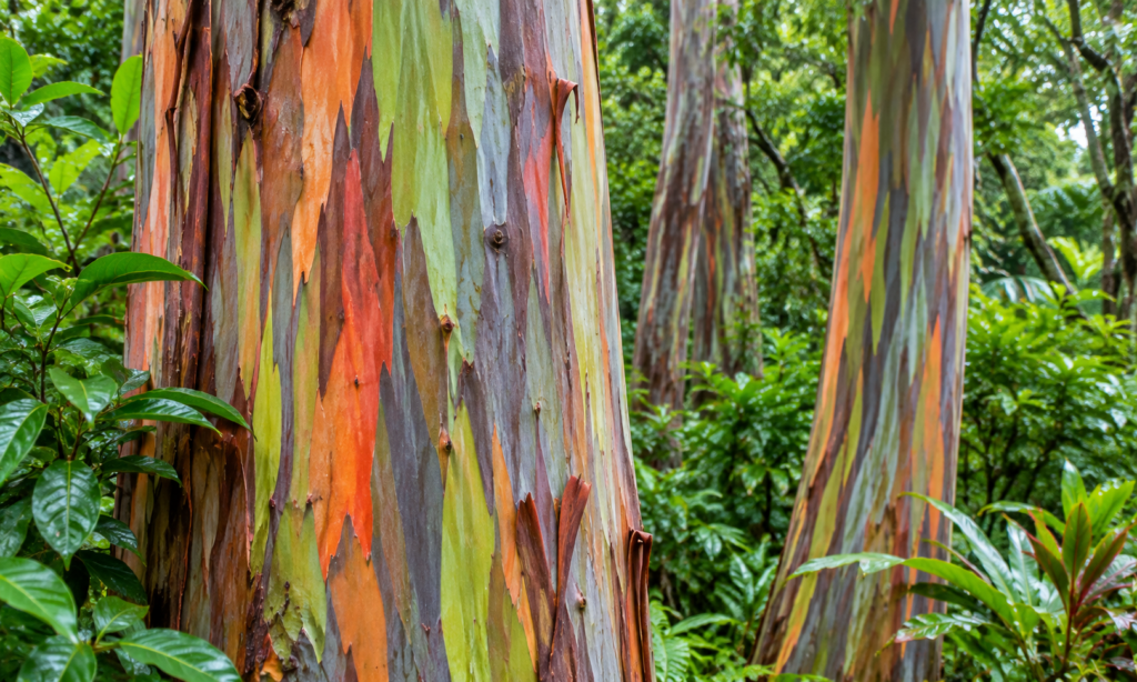 Rainbow eucalyptus trees with colourful bark on the Road to Hana Maui