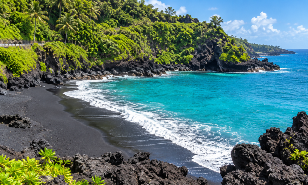 Black sand beach at Waiʻanapanapa State Park on the Road to Hana Maui