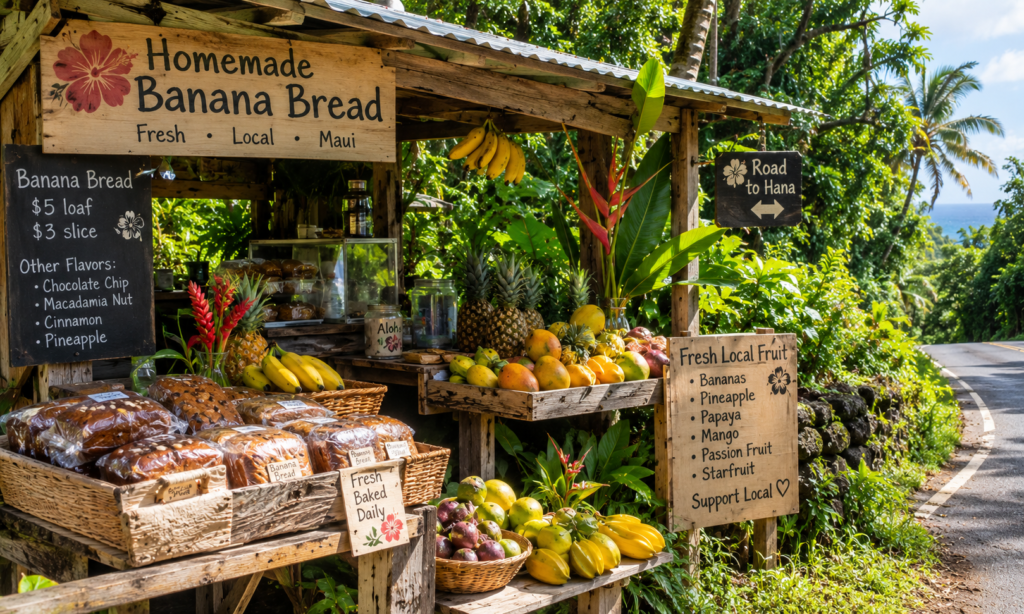 Roadside banana bread stand on the Road to Hana Maui