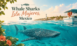 Whale shark swimming beneath clear turquoise waters near Isla Mujeres, Mexico, with a tropical island, lighthouse, and excursion boat in the background.