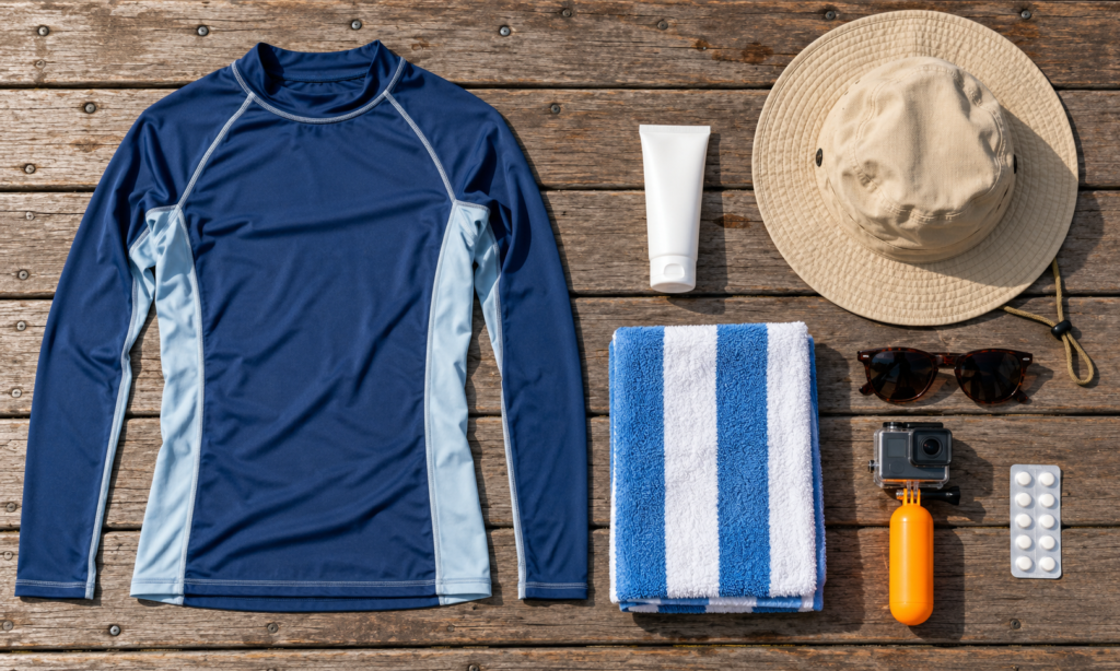 What to pack for a whale shark tour: rashguard, reef-safe sunscreen, towel, hat and waterproof camera